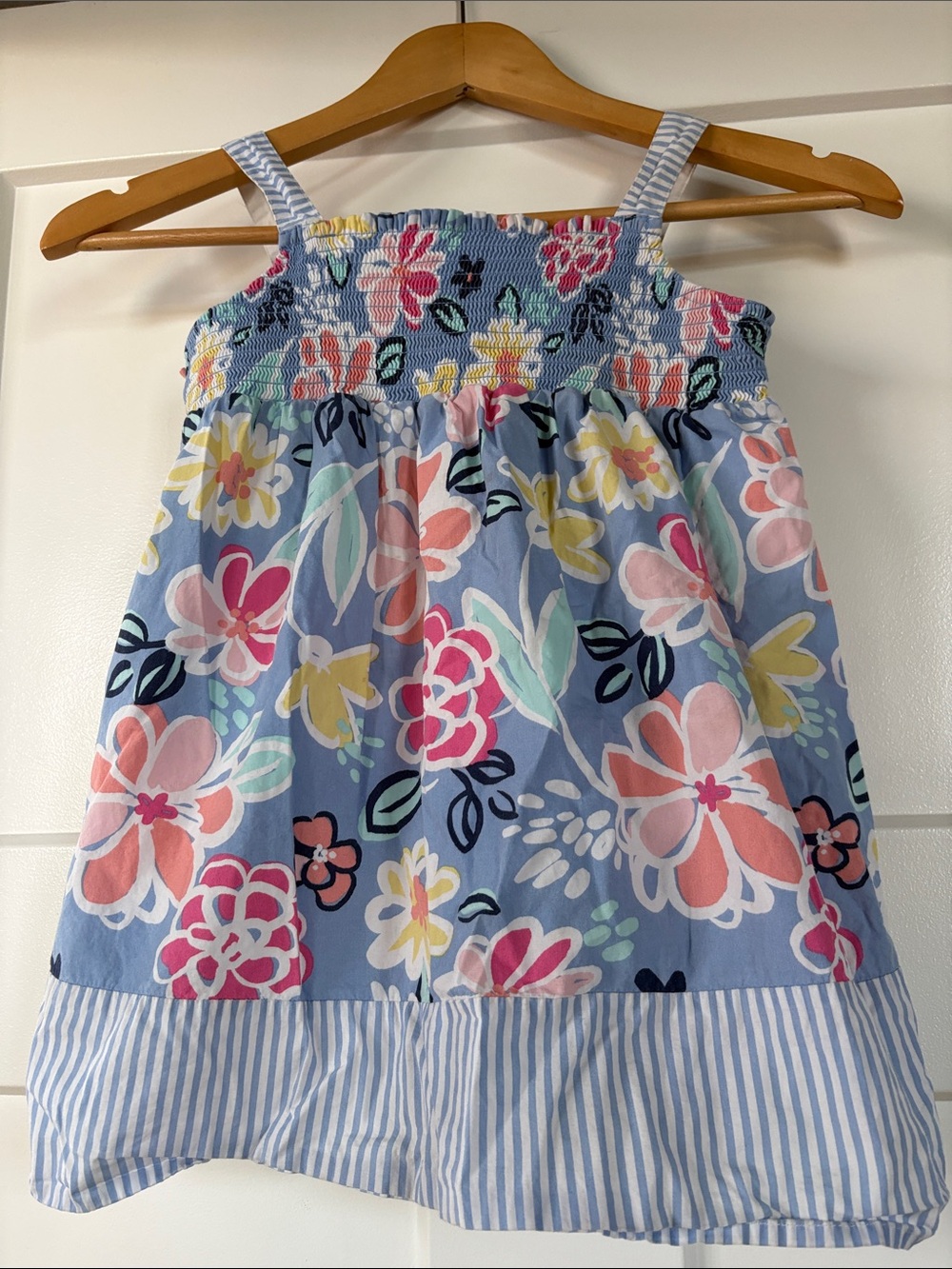 Gymboree Smocked Dress with Pastel Floral Design, Striped Straps Size 4T